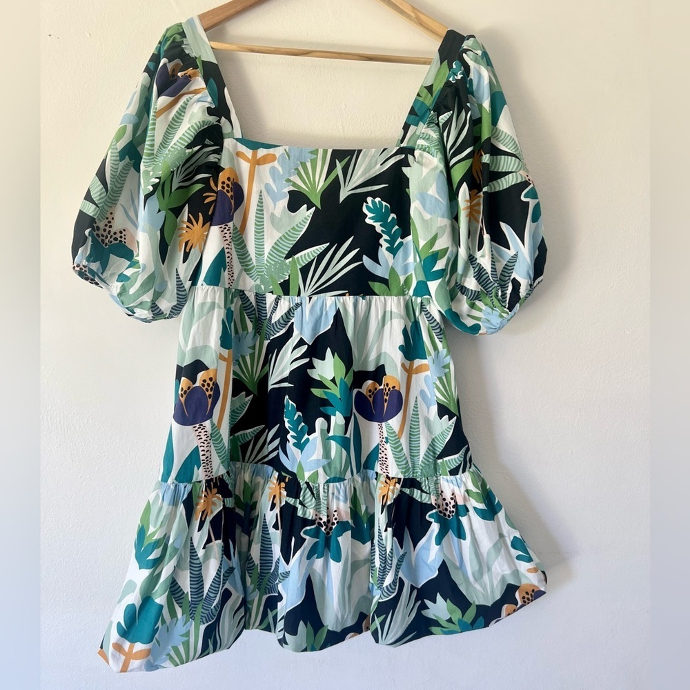Oliphant Bubble Hem Tropical Leaf Print Puff Sleeve Cotton Mini Dress Medium